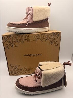 Manitobah Mukluks Skoden Ankle Boots Brown Pink Fur Trim Women’s Size 5 NIB